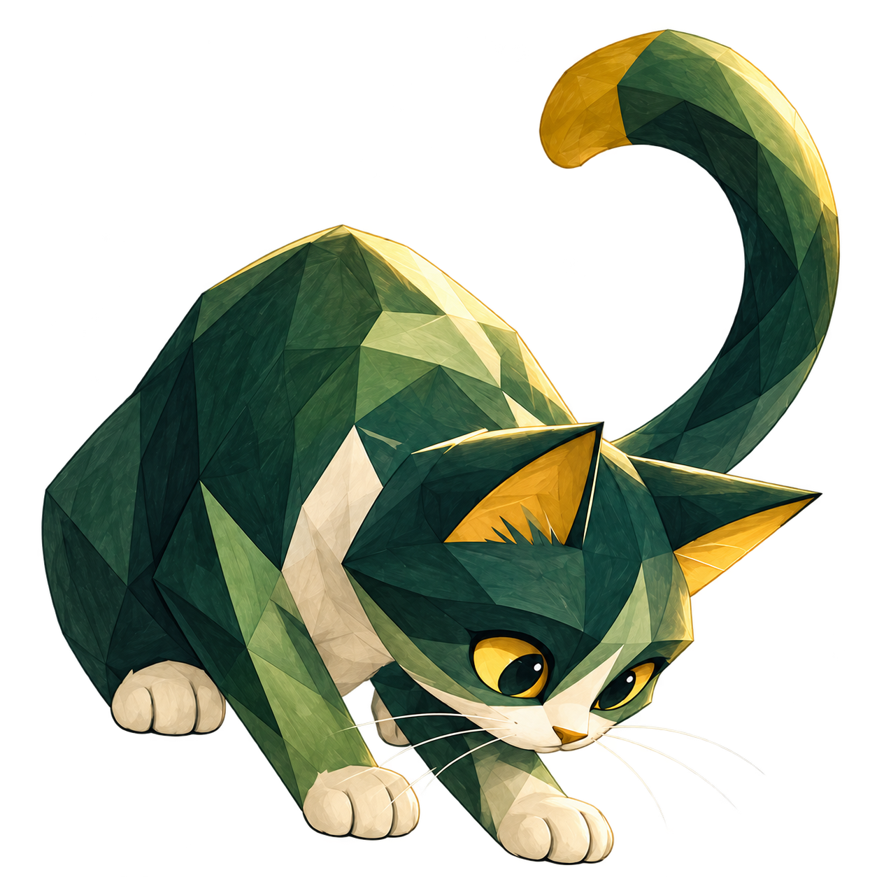 A geometric green cat, crouched with a curious curled tail.